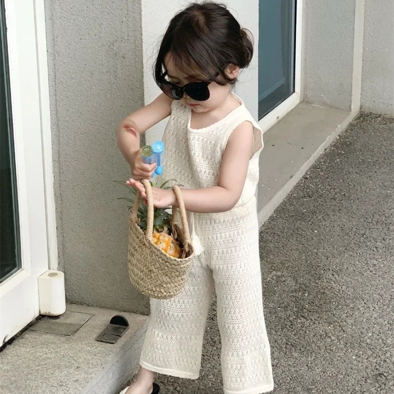 Girls Clothing Sets Summer Korean Thin Knitted Girl Set Children Hollow Breathable Vest Wide Leg Pants Two-piece Suit 250515