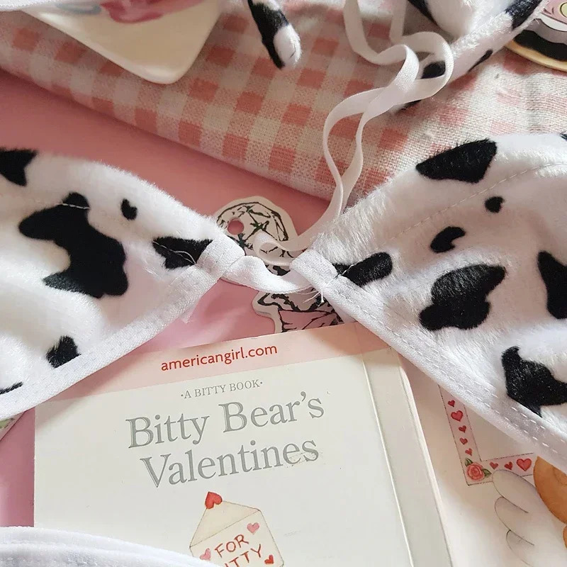 Women Cosplay lingerie underwear Lolita Bra and Panty Set Japanese Anime COS Flannel Cute Sexy Cow Lace Up Bandage Bikini Bras 250515