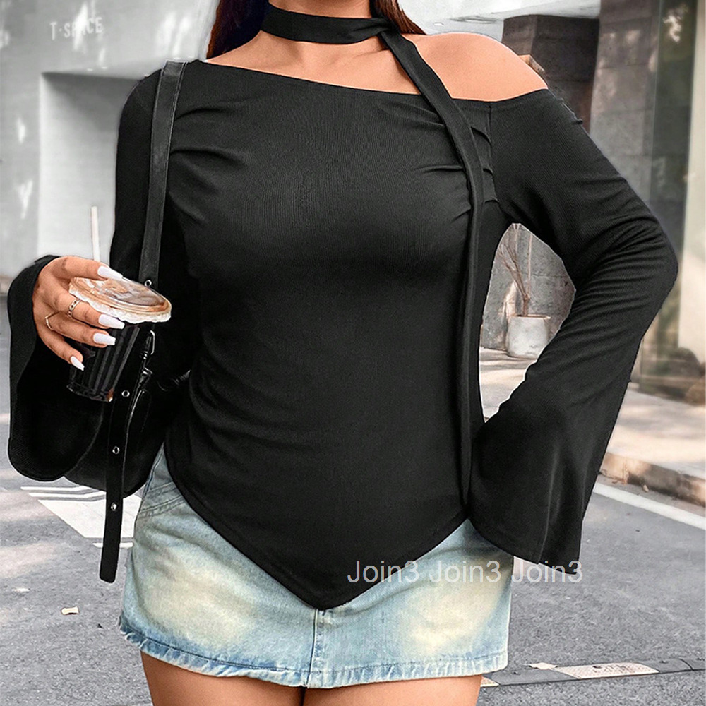 Large Size Womens Clothing Autumn and Winter Design Sense Irregular Long Sleeved T-shirt Short Fit Off Shoulder Top