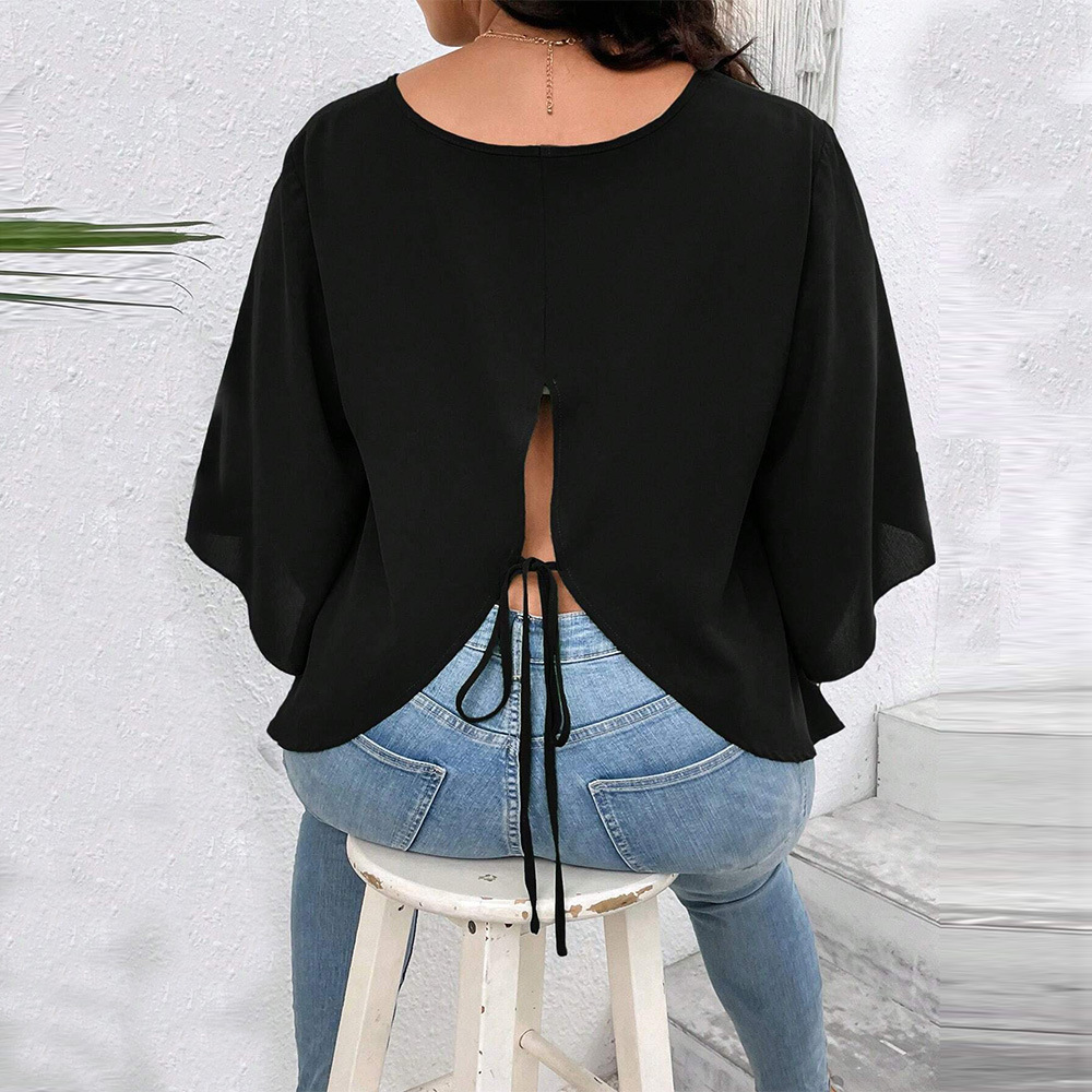 Plus Size Womens Loose Casual T-shirt Autumn and Winter Flared Sleeves Black Slimming Short Top