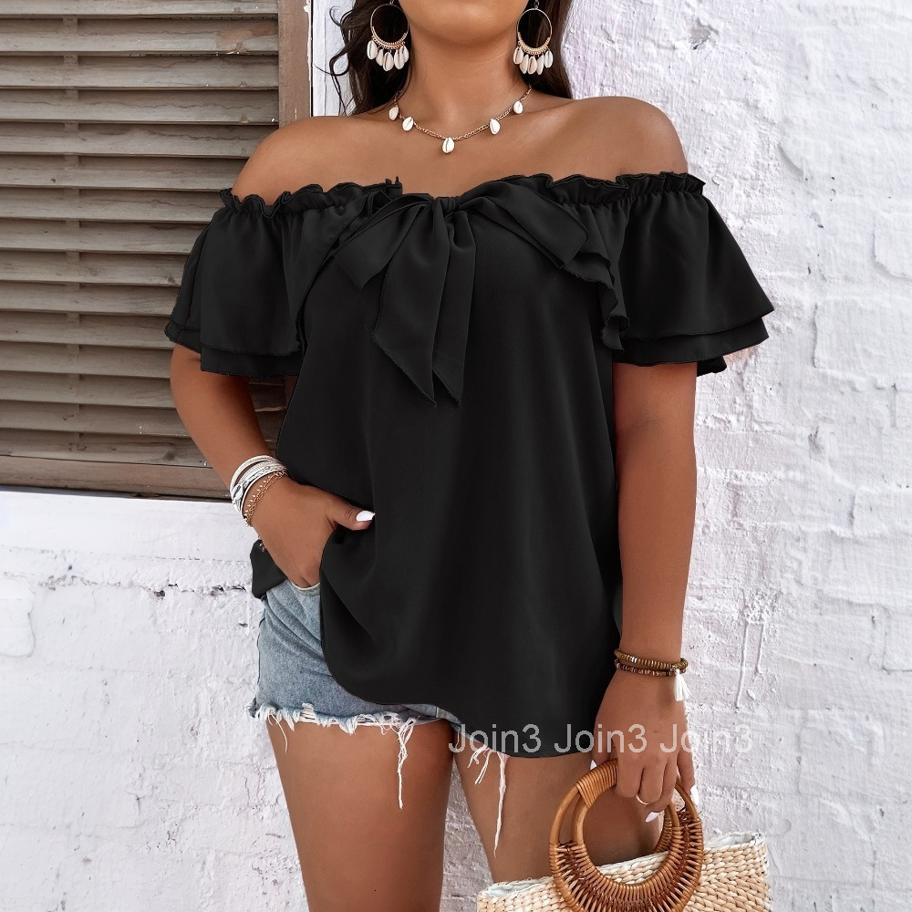 Large Womens Versatile Commuting T-shirt for Spring/summer 2025 New One Word Collar Bow Top