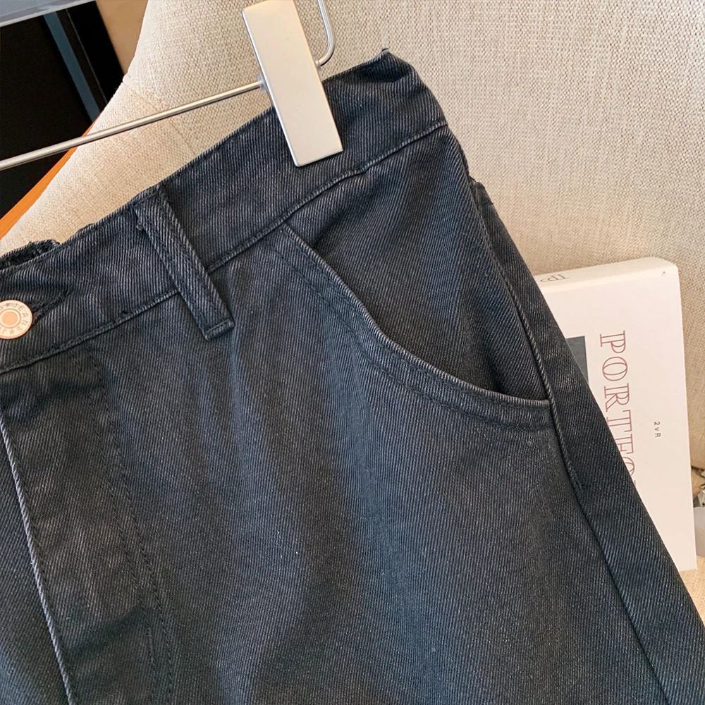 Plus-size womens fall casual commute baggy comfort jeans with button pockets straight-leg black elasticated waist pants large 250515