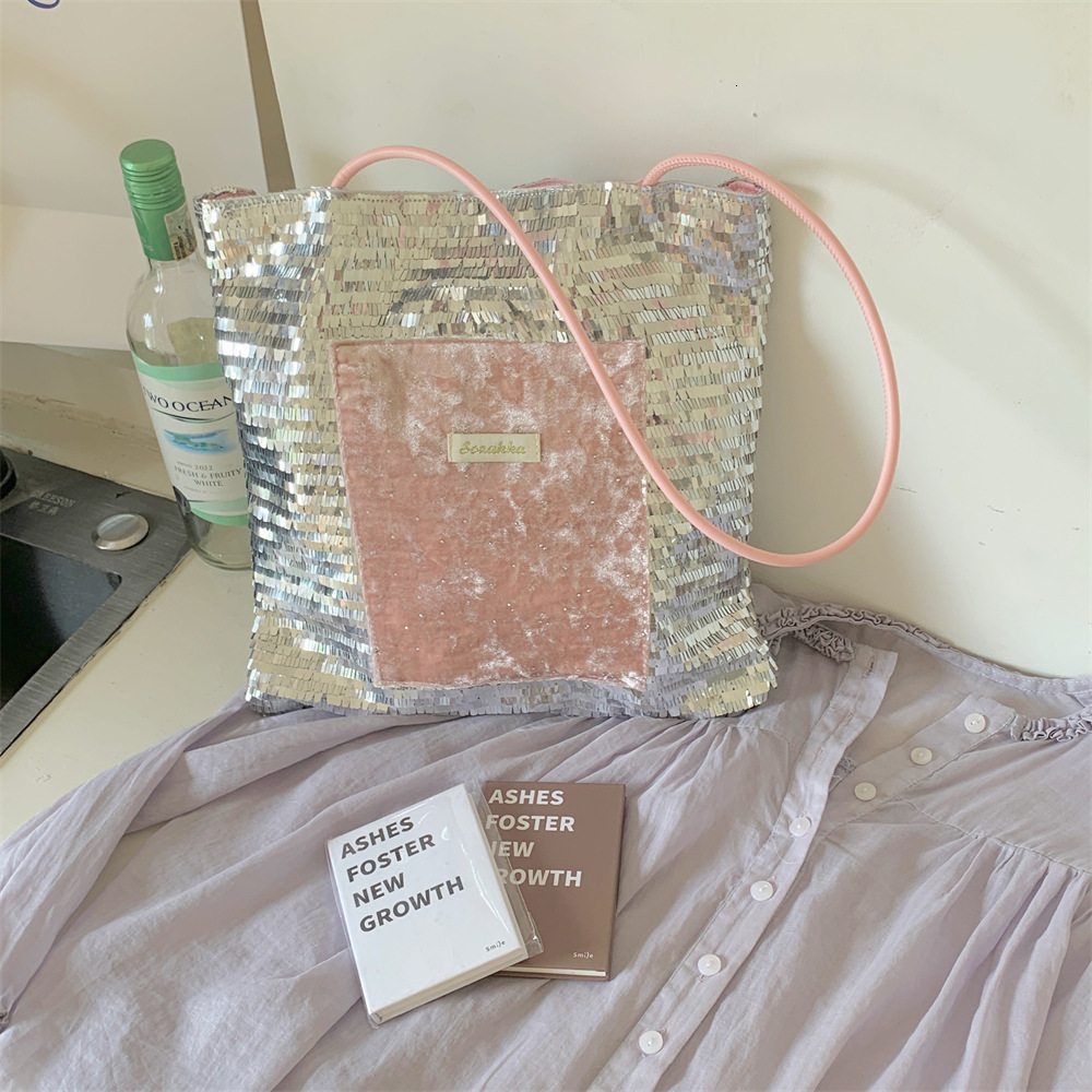 2025S designer new women trendy sparkling pink patchwork silver sequin niche large capacity commuting shoulder canvas bag handbag