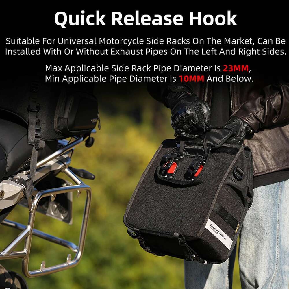 Rhinowalk Motorcycle Saddle Quick Release Lage Bag Large Capacity Side Storage Organizer 13L With Support Panel