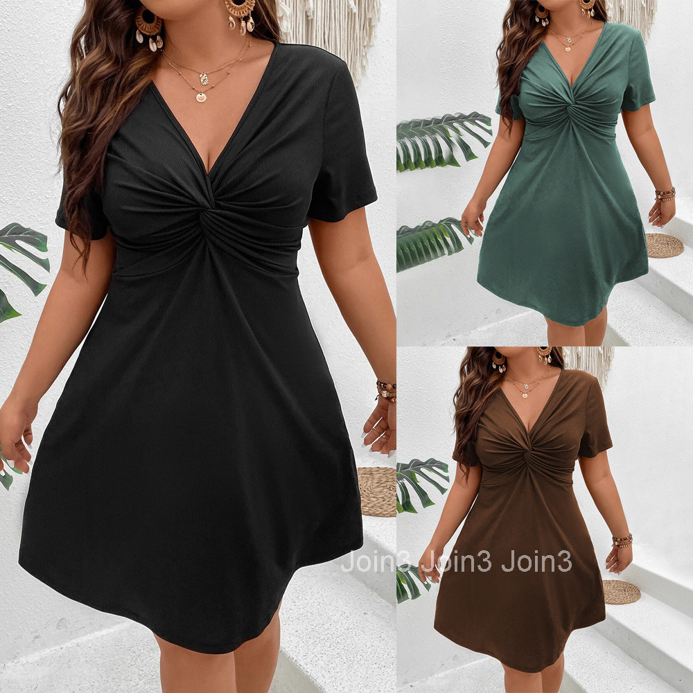 Large Size Womens New V-neck Waist Cinched A-line Skirt Twisted Knit Solid Color Short Skirt T-shirt Dress