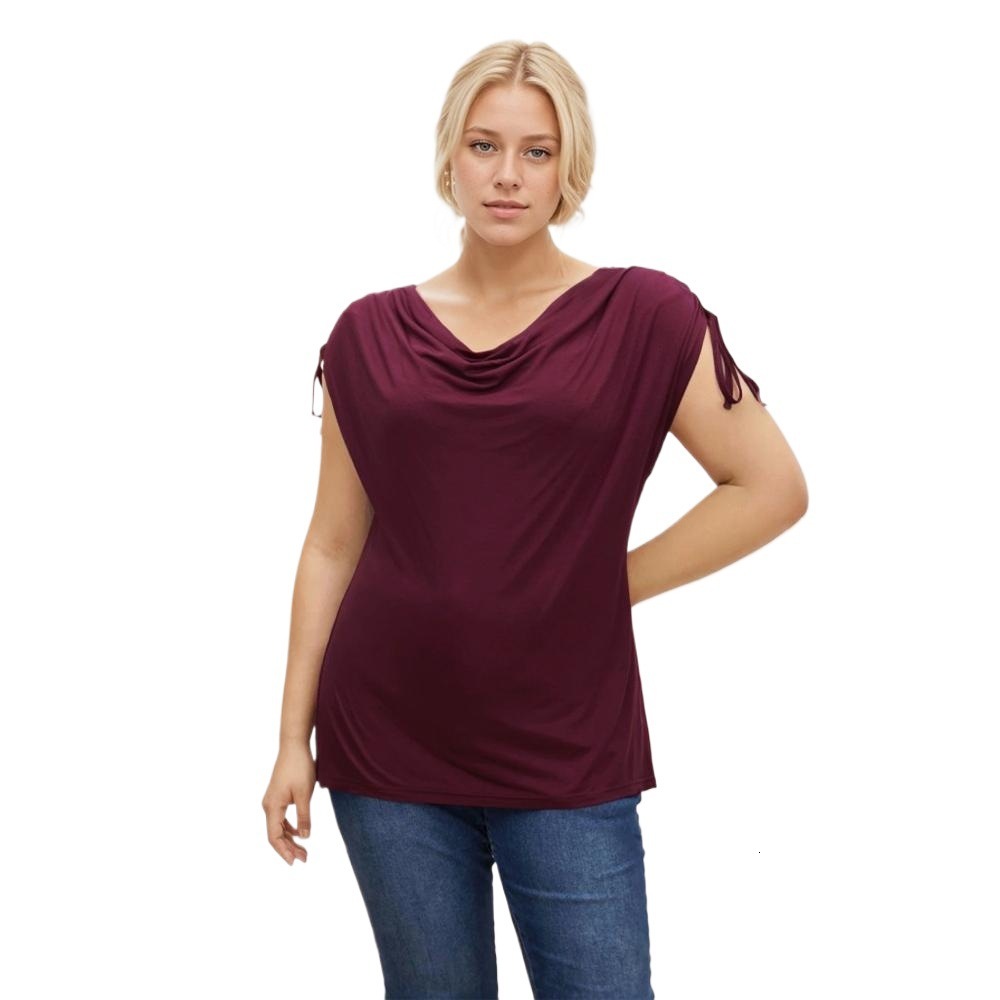 2025plus Size Womens Elegant T-shirt for Spring and Summer New Wine Red Pleated Top