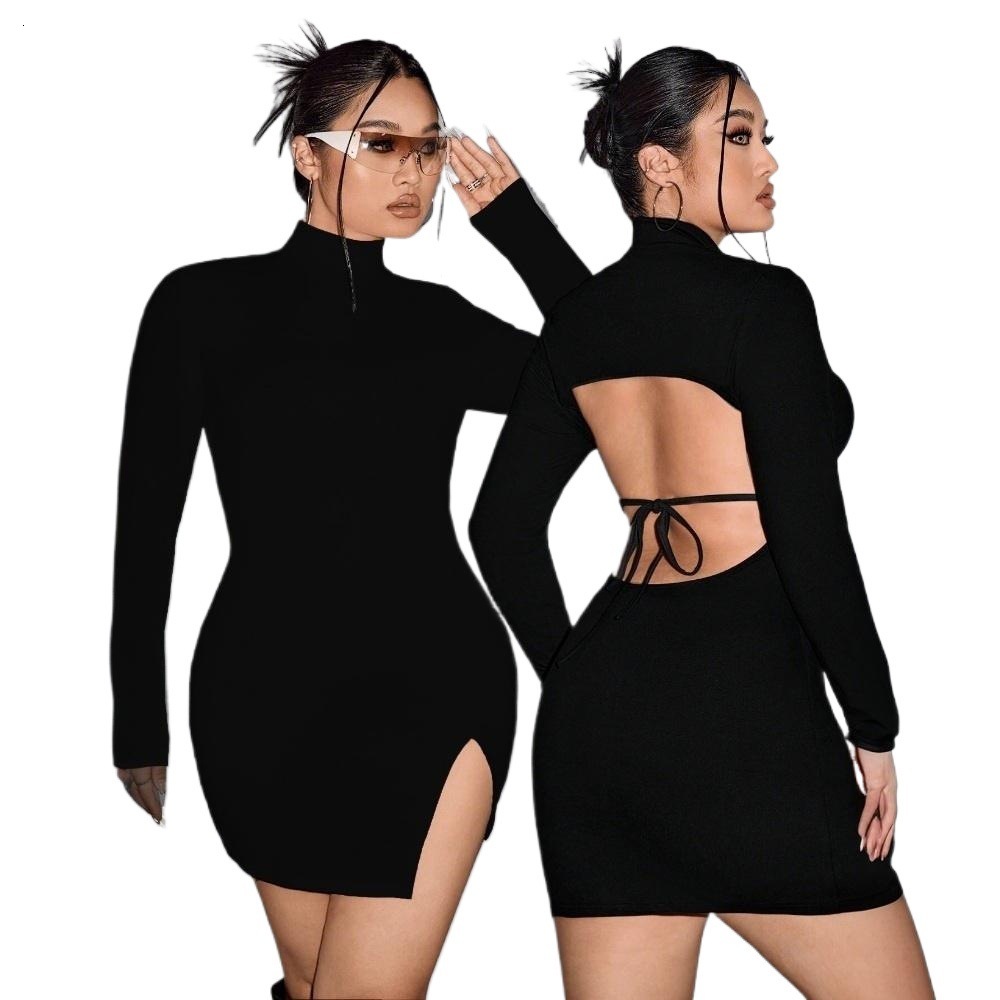 Womens Sexy Pure Desire Dress Autumn/winter New Half High Collar Solid Color High Waist Short Skirt