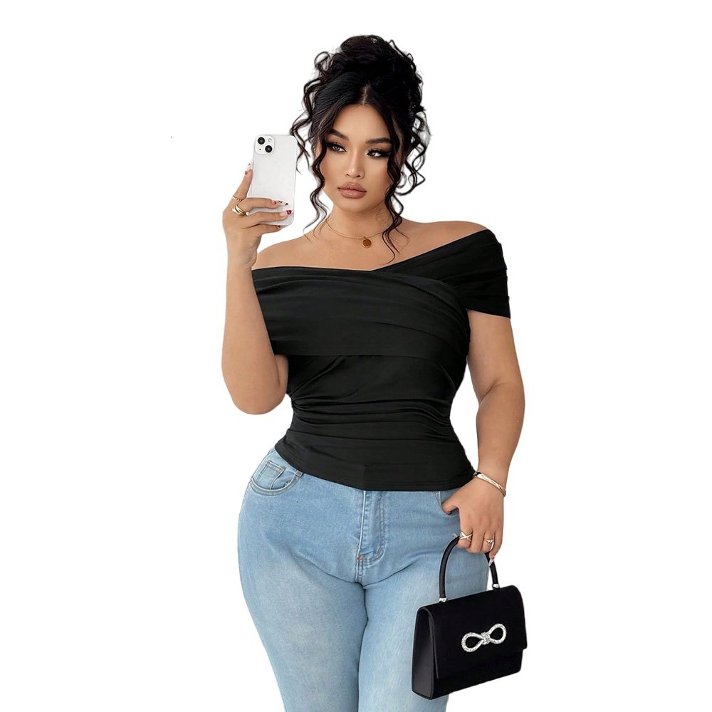 2025 Plus Size Womens Fashion Intellectual Style One Neck T-shirt Summer Off Shoulder Top