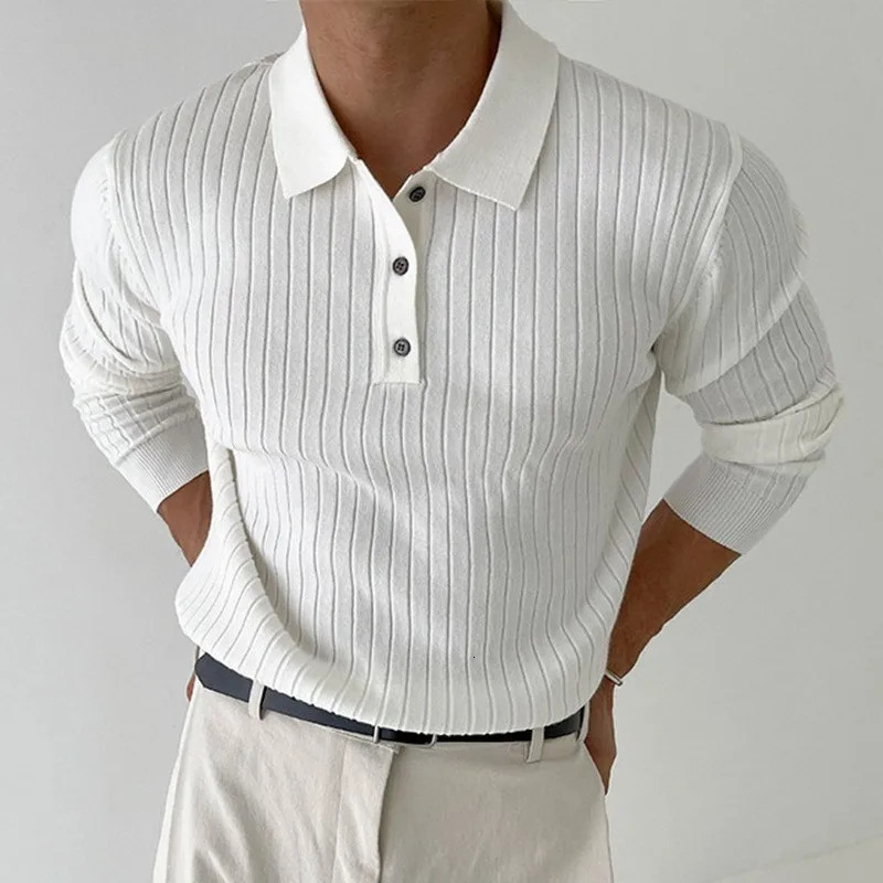 Mens Leisure Knit Polo Shirt Long Sleeve Button-down Premium Solid Color Pullover Knitwear Streetwear Clothing 250515