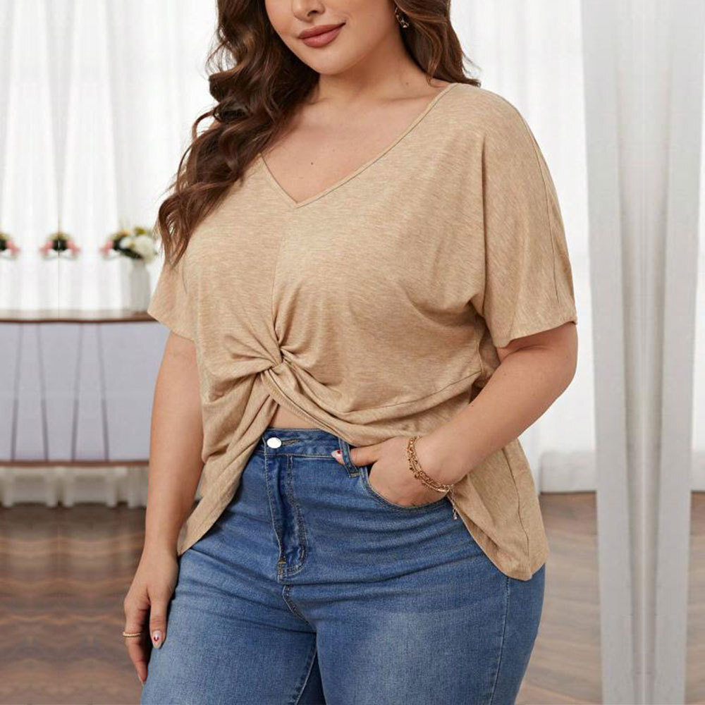 Large Size Womens New Loose Casual V-neck Short Sleeved Knitted T-shirt Irregular Hem Top