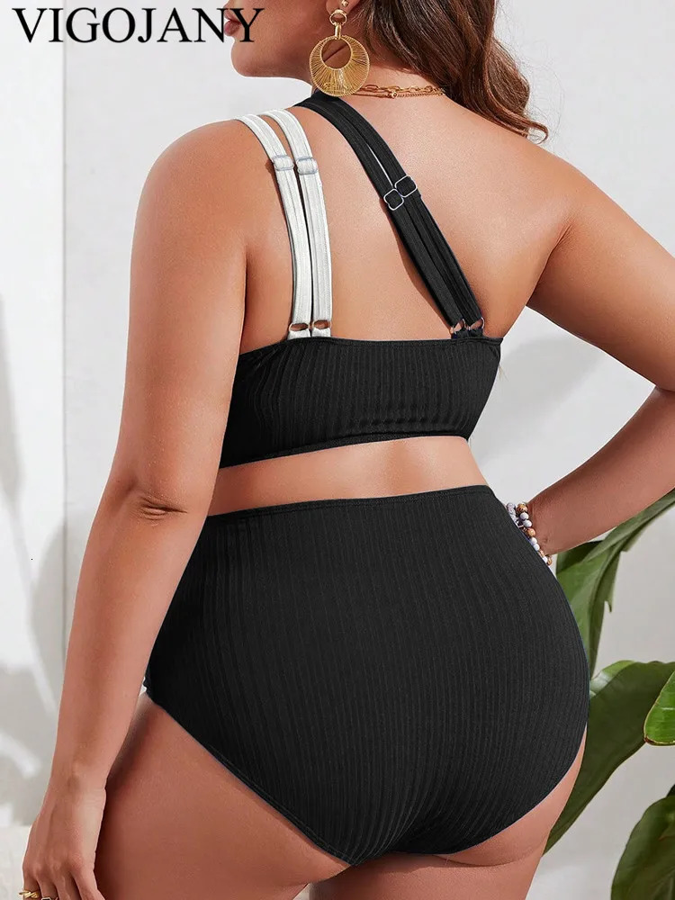 VigoJany 2025 Solid Patchwork 2 Piece Plus Size Bikini Women One Shoulder Push UP Large Swimsuit Backless Chubby Bathing Suit 250515