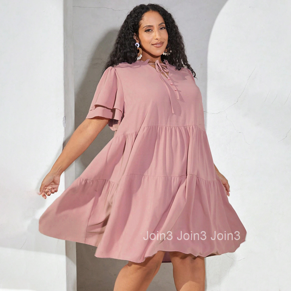 New Womens Summer Casual V-neck Doll Dress with Triple Fold
