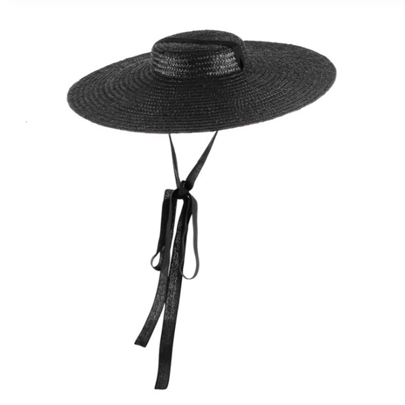 GEMVIE 4 Color Wide Brim Flat Top Straw Hat Summer s For Women Ribbon Beach Cap Boater Fashionable Sun With Chin Strap 220225