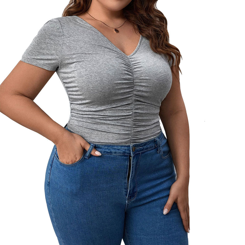 Plus Size Womens New Slim Fit V-neck Solid Color Short Sleeved T-shirt Womens Top Top