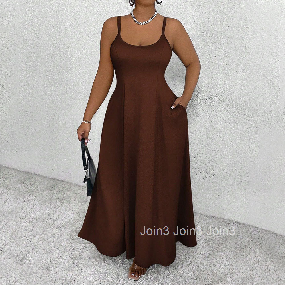 New Plus Size Womens Suspender Waist Cinched Dress for Spring and Summer 2025 Elegant Style Sleeveless Slim Fit Long Dress