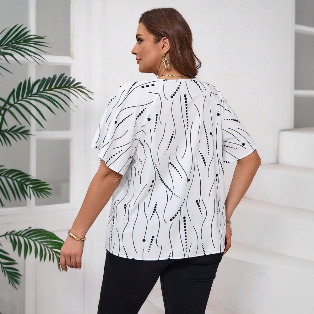 2025 Plus Size Womens Versatile Commuting T-shirt Summer Ol Professional Irregular Polka Dot Top