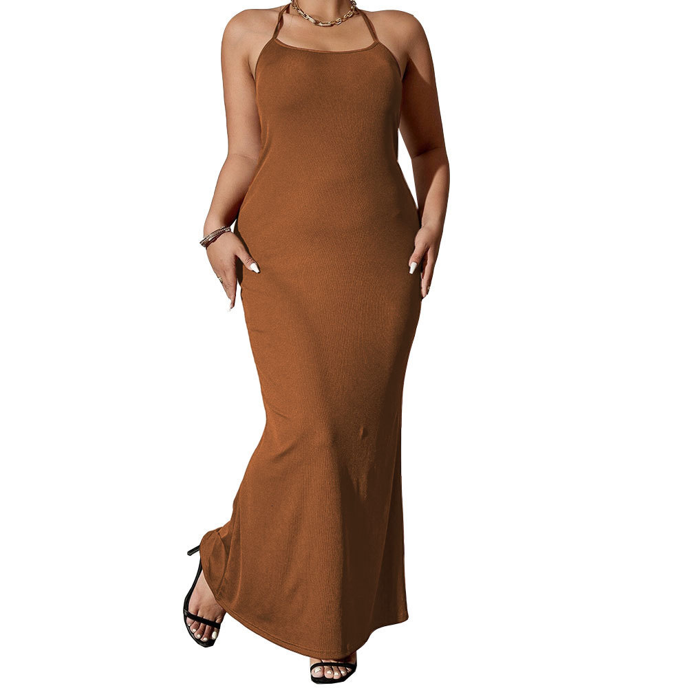 European Plus Size Womens New Collection Waist Bag Buttocks Exposed Back Hanging Neck Style Fishtail Skirt Sexy Dress