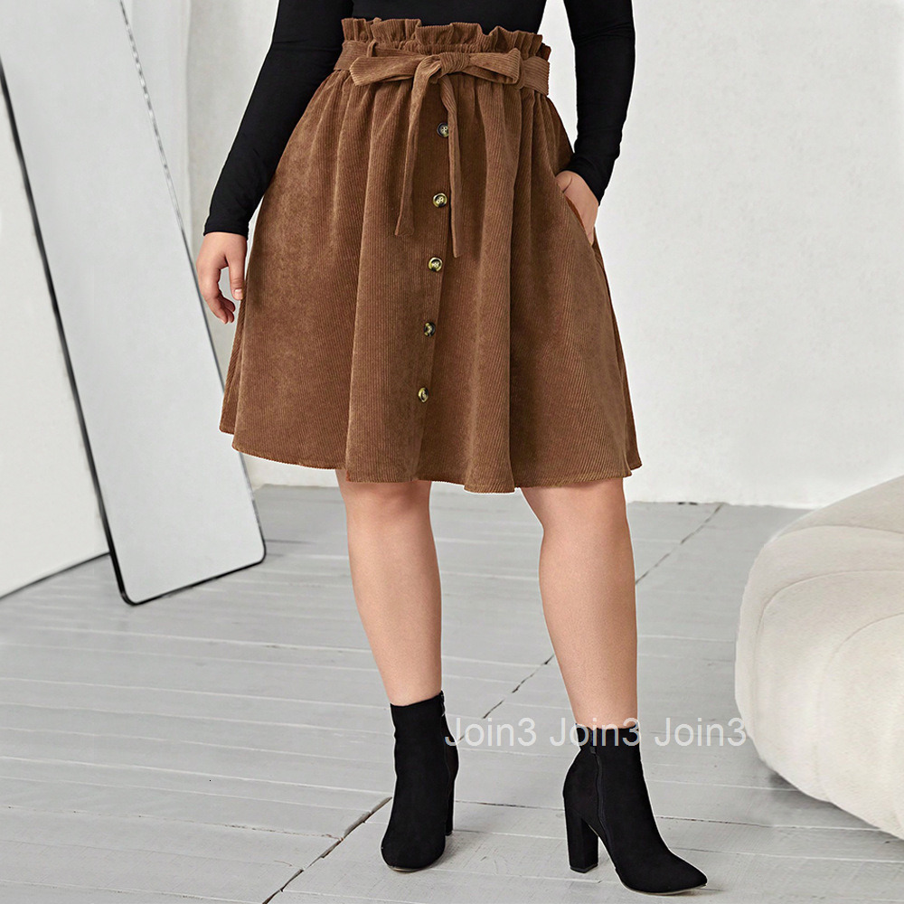 Oversized Womens A-line Umbrella Skirt Looks Slim High Waist Casual Lace Up Corduroy Half Length Skirt