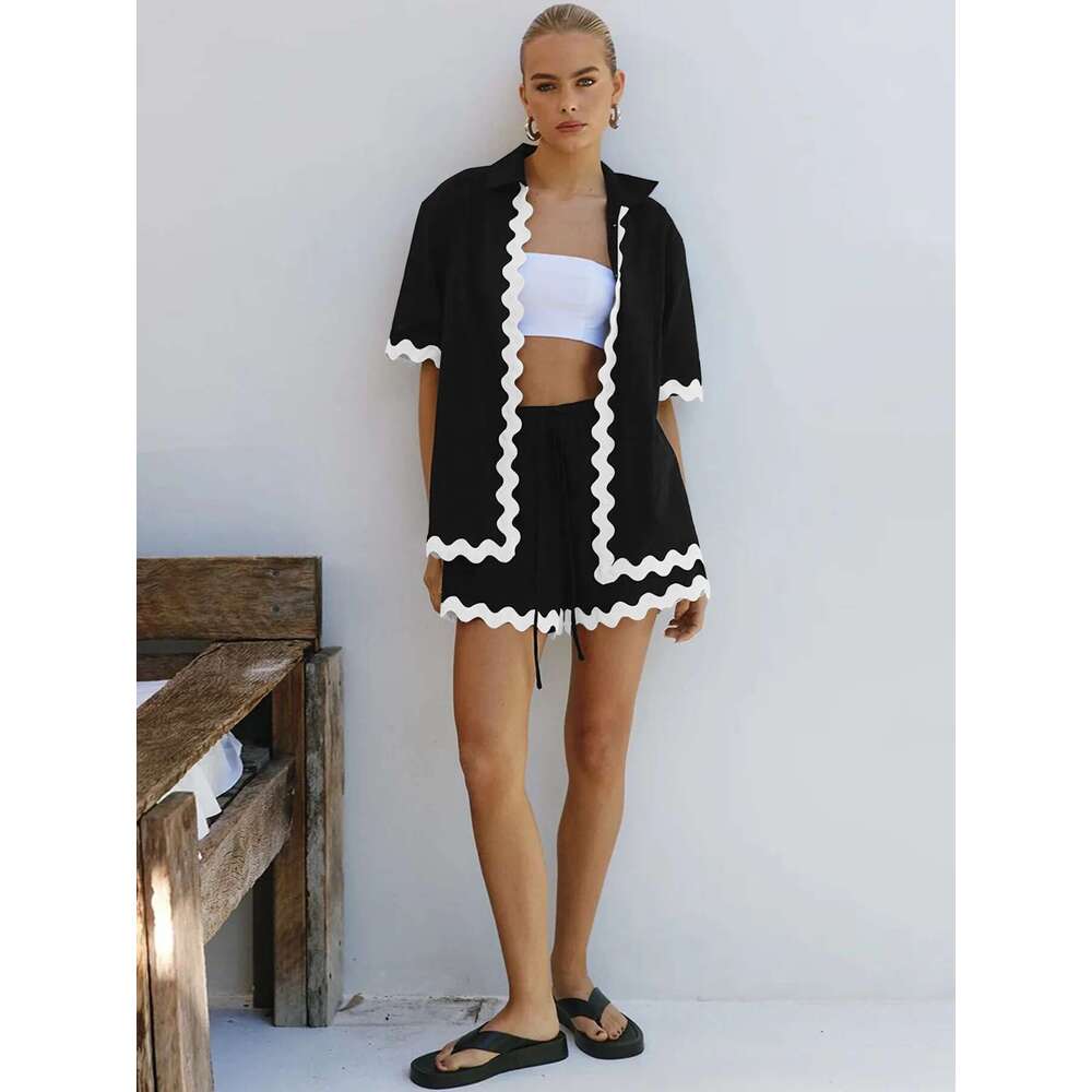 Contrast Trim Shorts Two Piece Set Drap Shoulder High Low Hem Short Sleeve Button Down Shirt Matching Sets