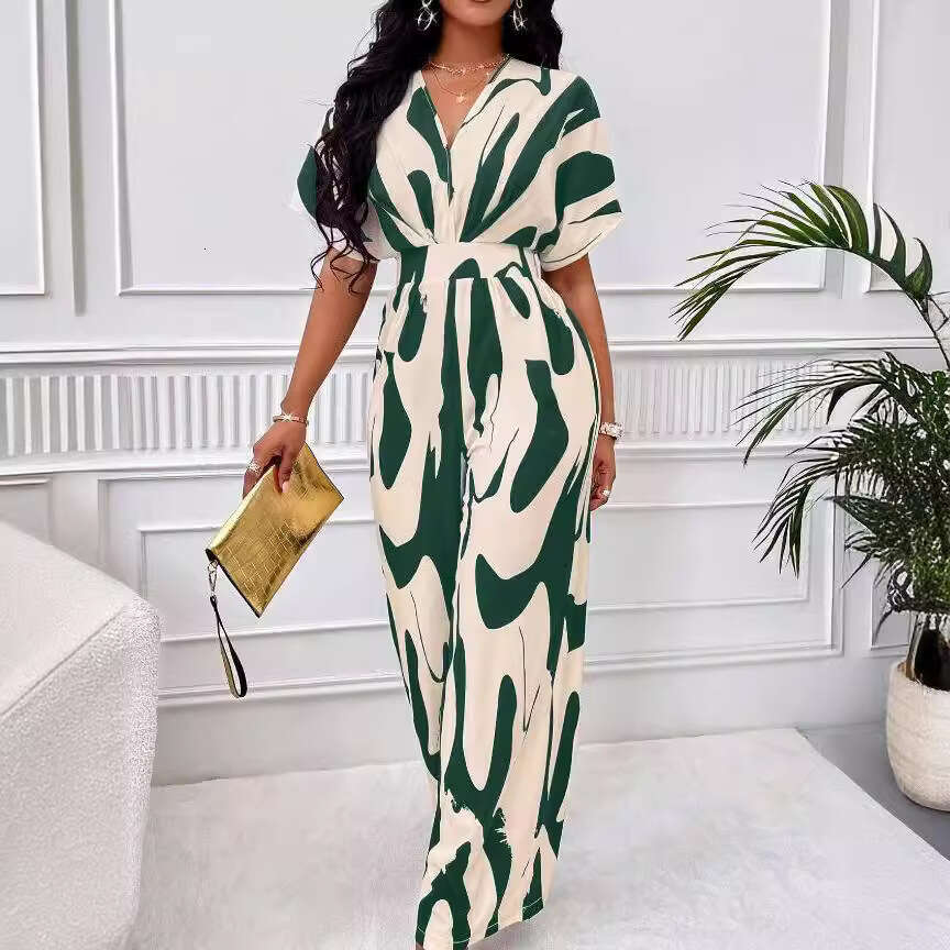 Wide Leg Jumpsuit Spring And Summer New Women S Clothing Full Body Printed Bat Sleeves Wide Leg Jumpsuit
