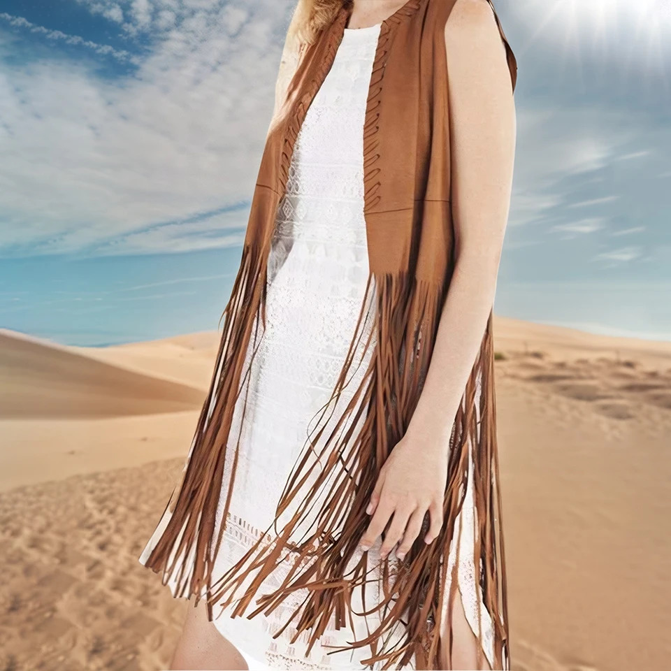 Womens Solid Boho Faux Suede Sleeveless Fringe Open Front Tank Vest Blazer Cardigan Tops Summer Holiday Desert Vacation Outwear 250506
