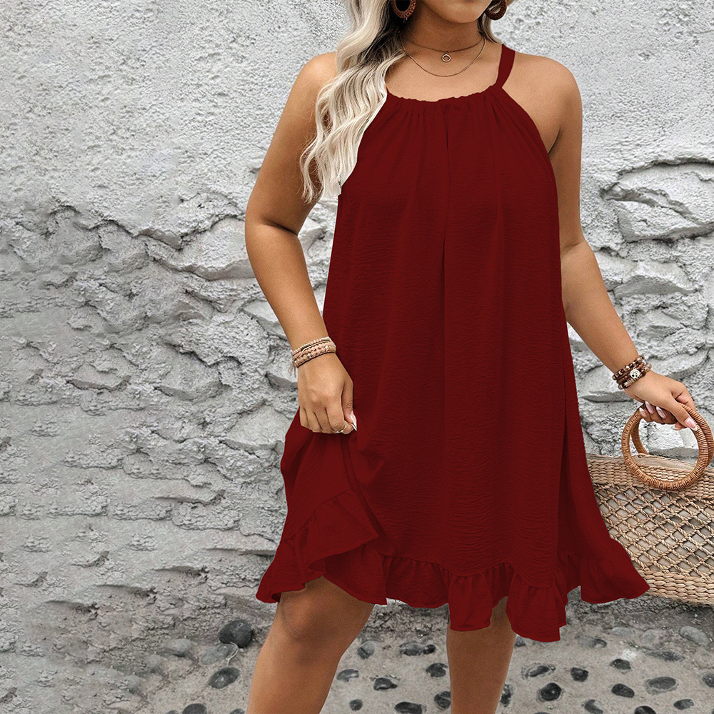 Large Size Womens Solid Color Sun Skirt Summer New Style Loose and Large Pleated Sexy Jumpsuit