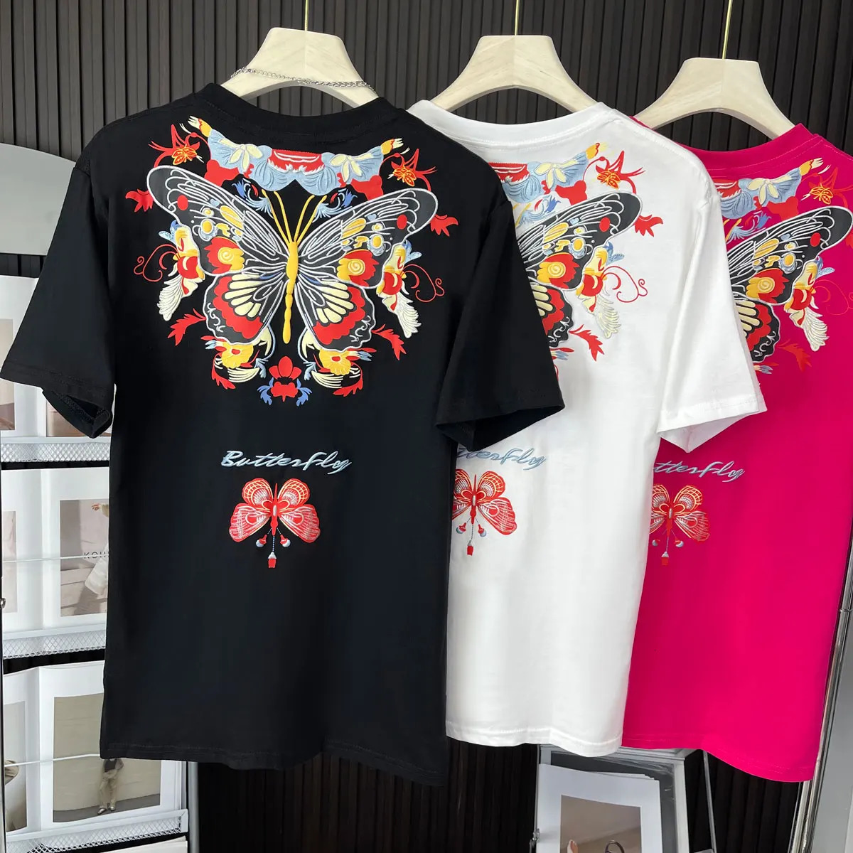 Plus Size Chinese Butterfly Foam Print Womens Tshirt Classical Elegant Flavor Y2k Summer Top 2024 Literary Streetwear Tee 250514