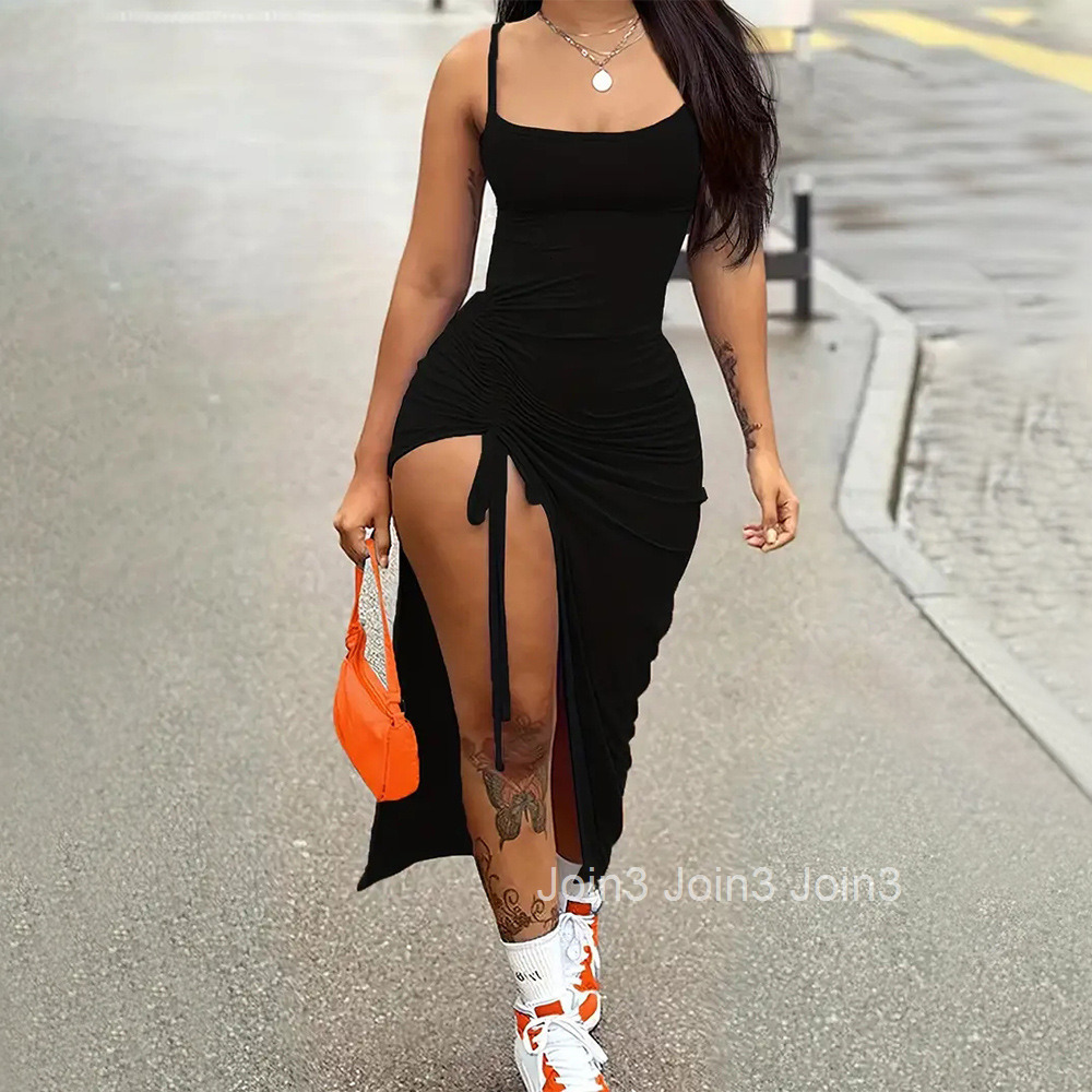 Summer New Womens Sexy Backless Pleated Slit Slim Fit Solid Color Suspender Dress