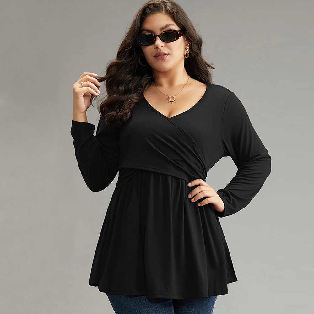 Large Size Womens Autumn and Winter Waist Cinched Ruffle Sexy V-neck Solid Color Long Sleeved T-shirt Temperament Top