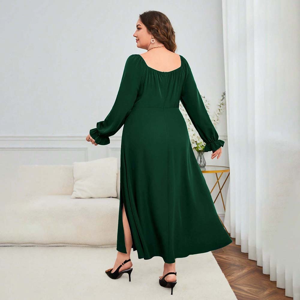 Large Size Womens French Elegant Style Dress for Autumn and Winter High Waisted Split Square Neck Mid Length Skirt
