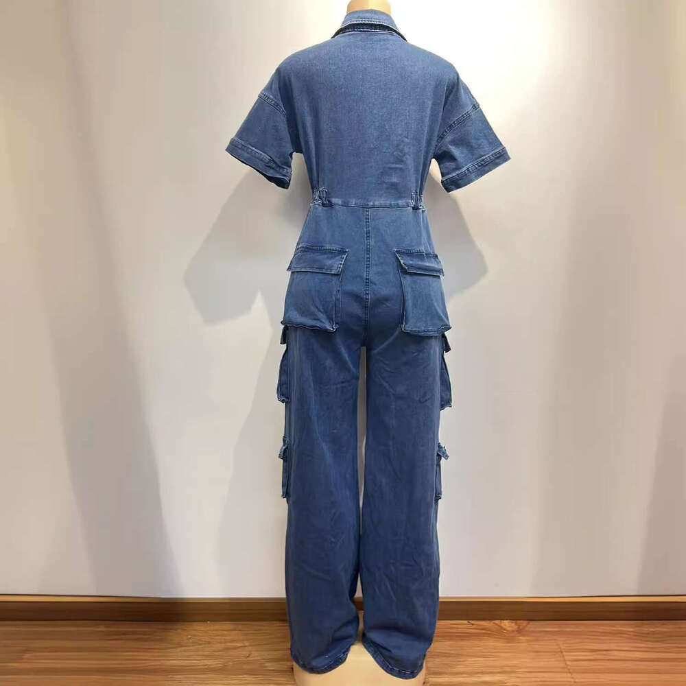 Wide Leg Jumpsuit New Women S Washed Water Work With Multiple Pockets And Button Denim Jumpsuit Short Sleeved Pants