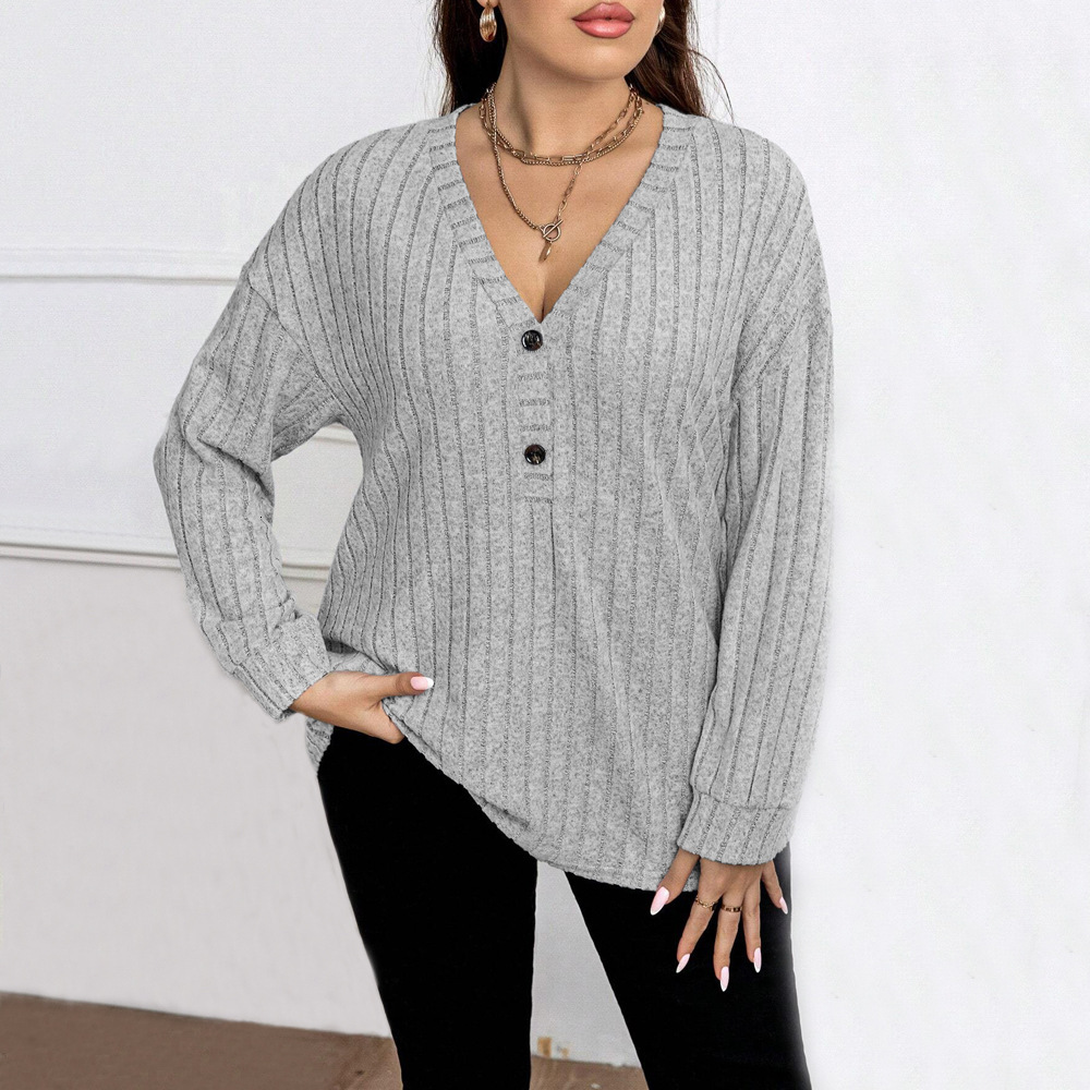 Large Size Womens Simple and Elegant Style T-shirt Autumn and Winter V-neck High-end Temperament Long Sleeved Inner Top