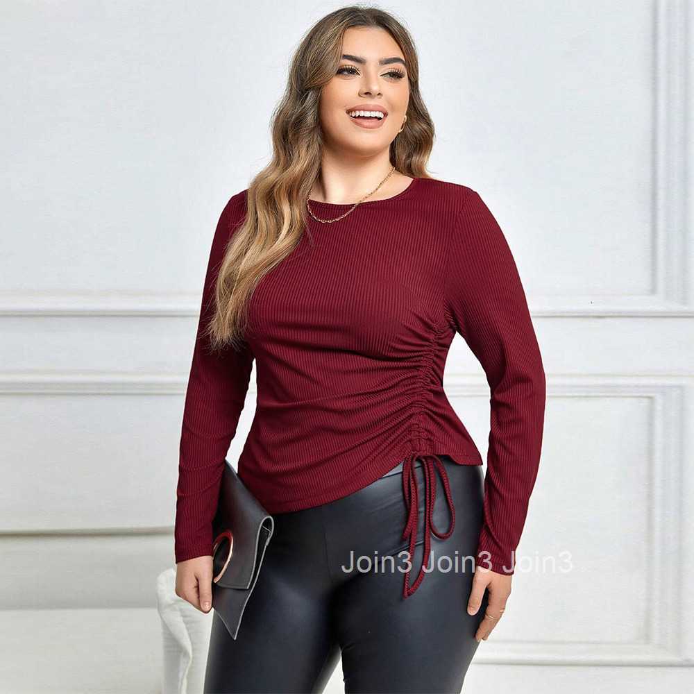 Large Size Womens Clothing Autumn and Winter New Item Slim Fit Drawstring Temperament Long Sleeved T-shirt Sexy Top Top