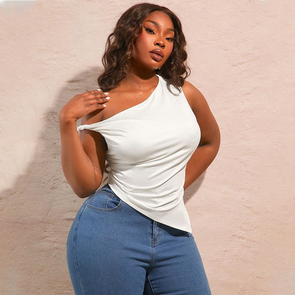 Large Size Womens Sexy Slanted Neck T-shirt Summer New Off Shoulder Sleeveless Irregular Top