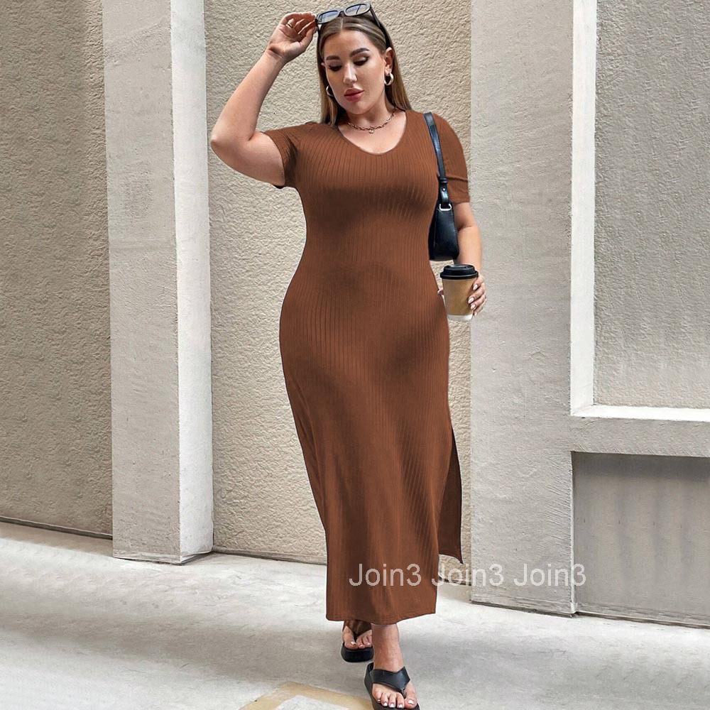 Large Size Womens Clothing New Style Temperament Waist Cinching Slit Short Sleeved Dress Hip Hugging Long Skirt