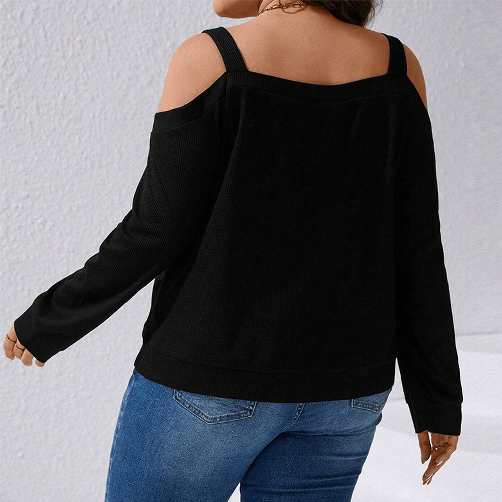 Large Size Womens Autumn and Winter New Sexy Off Shoulder Loose Casual Waffle Long Sleeved T-shirt