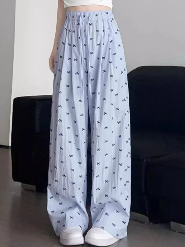 Summer Womens Korea Casual Elastic Waist RelaxedFit Pants 2025 Female Sweet Style Irregular Bow Print WideLeg 250506