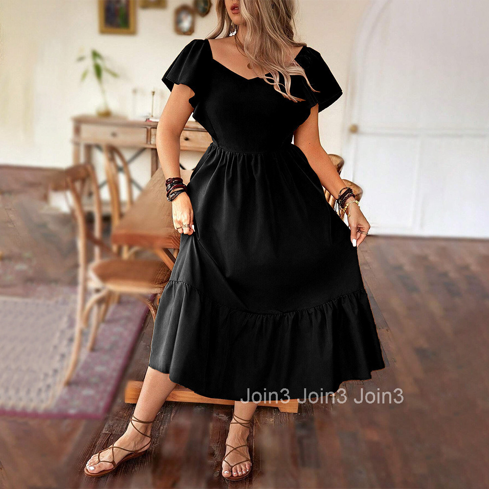 Spring Black Temperament French Knee Length Skirt with Ruffled Edges Short Sleeved Square Neck Slim Fit Backless Dress