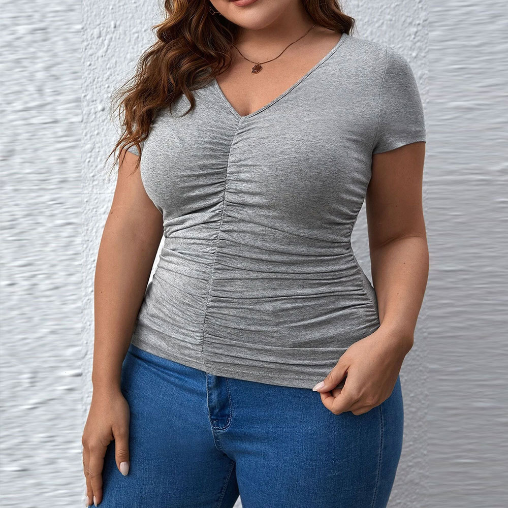 Plus Size Womens New Slim Fit V-neck Solid Color Short Sleeved T-shirt Womens Top Top