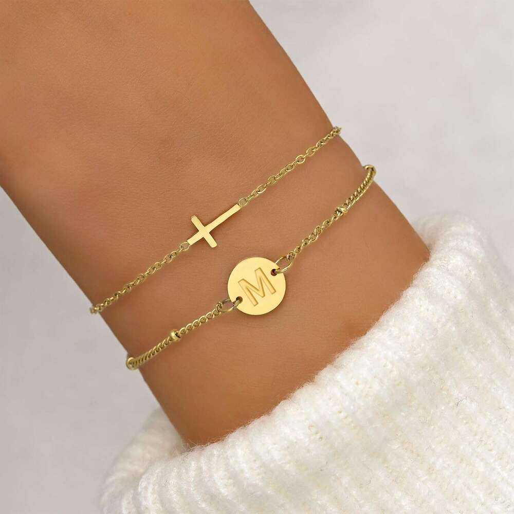 Valentine's Day Exquisite Gold Plated Layered Beaded Initial Plate Letter Faith Cross Bracelet Christian Women's Religious Jewelry Gift