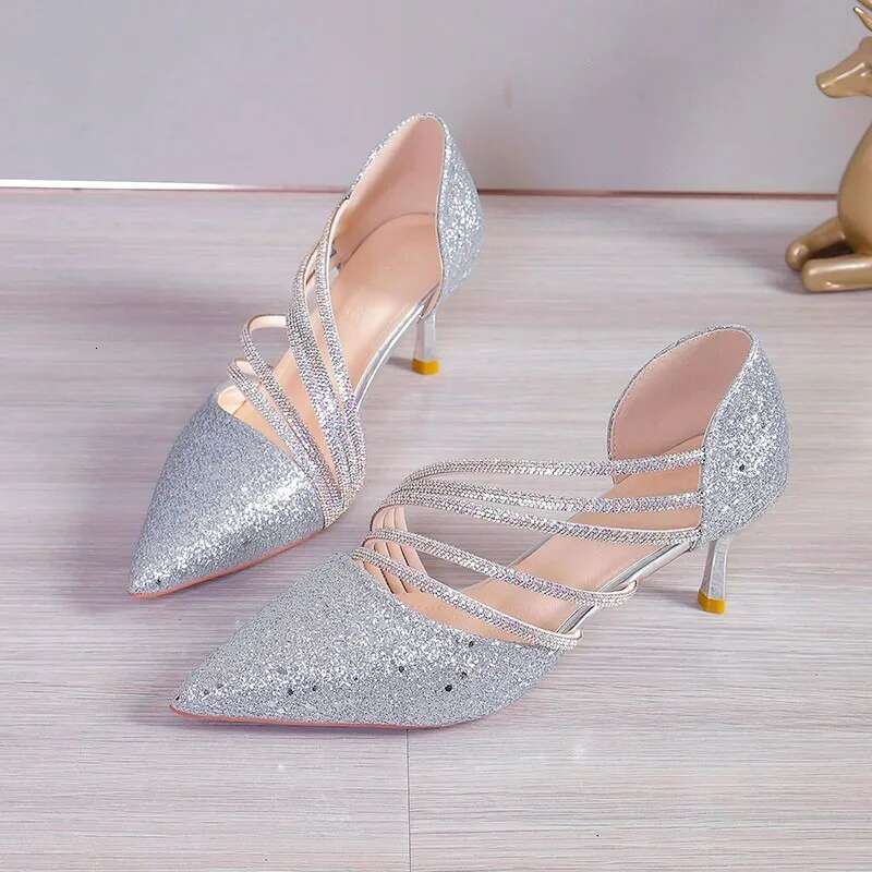 Sexy Pointed Toe Champagne Ladies High Heels New Shiny Crystal Wedding Bridal Simple and Elegant Women's Dress Shoes