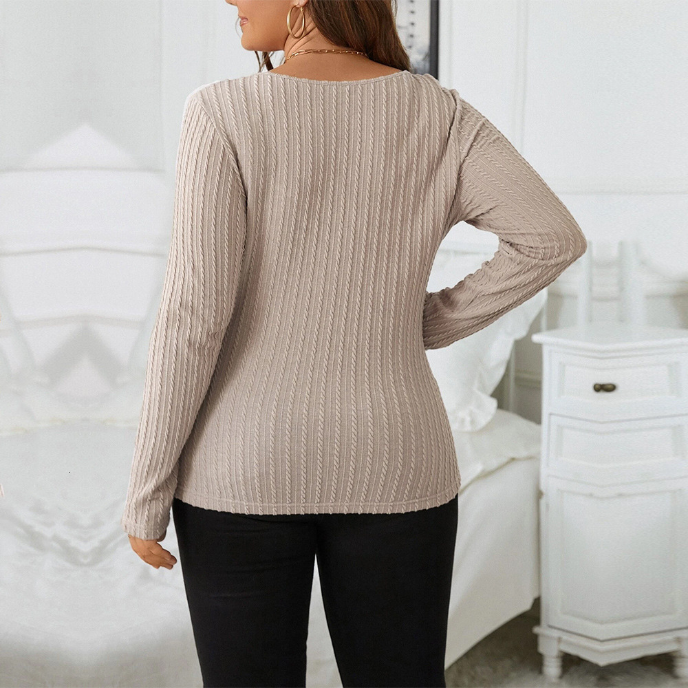 Large Size Womens New Slim Fit and Slimming Huafu Grid Chicken Heart Collar Knitted Long Sleeved T-shirt