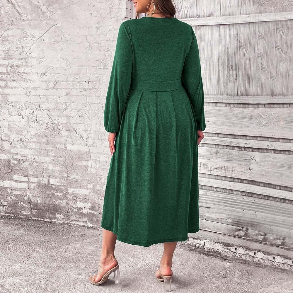 Large Size Womens Elegant Style Dress Autumn and Winter High Waisted A-line V-neck Mid Length Dress