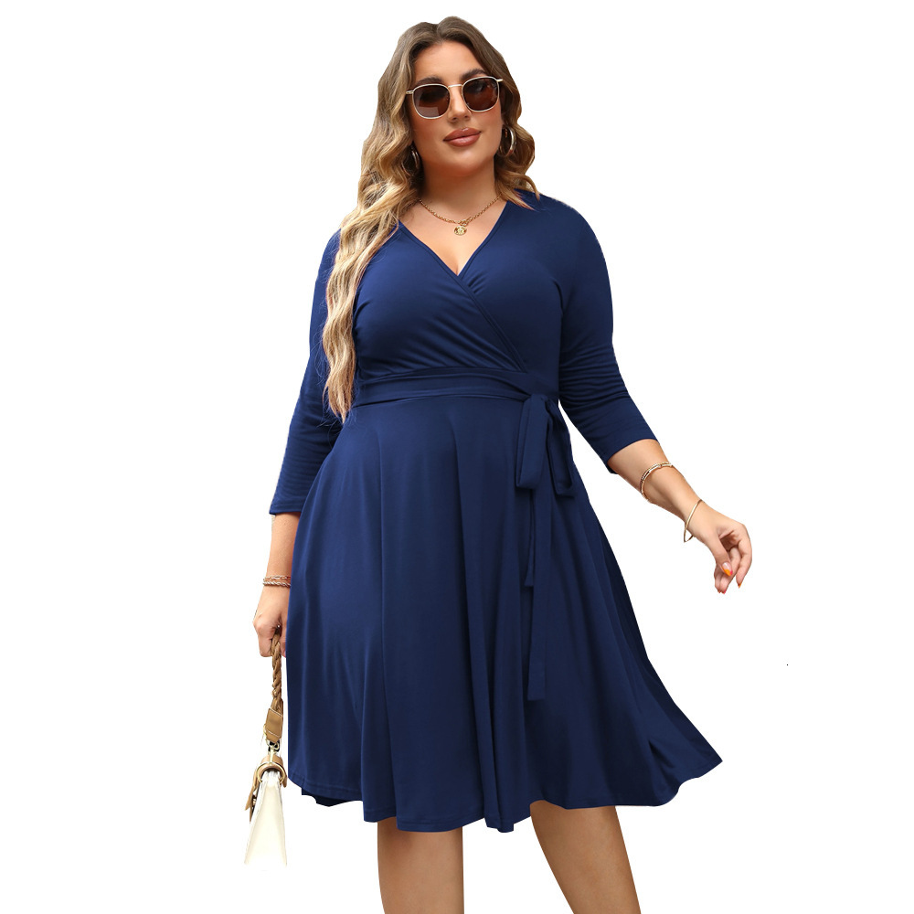 Large Size Womens V-neck Ruffle Edge Dress with Summer Temperament Elegant and Ladylike Style High Waisted A-line Skirt