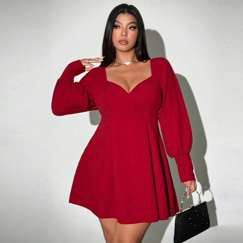 Large Size Womens Clothing High-end and Elegant Wine Red Dress Autumn and Winter New High Waisted V-neck Short Skirt