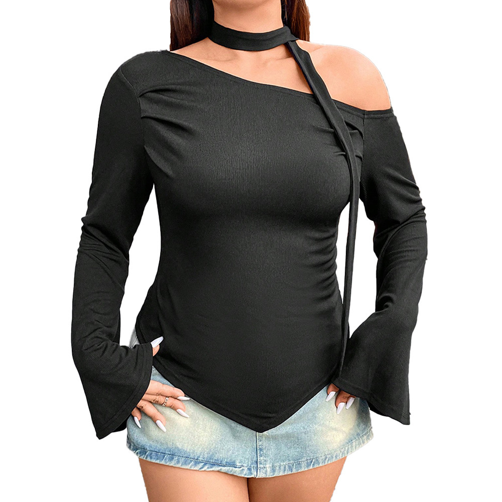 Large Size Womens Clothing Autumn and Winter Design Sense Irregular Long Sleeved T-shirt Short Fit Off Shoulder Top