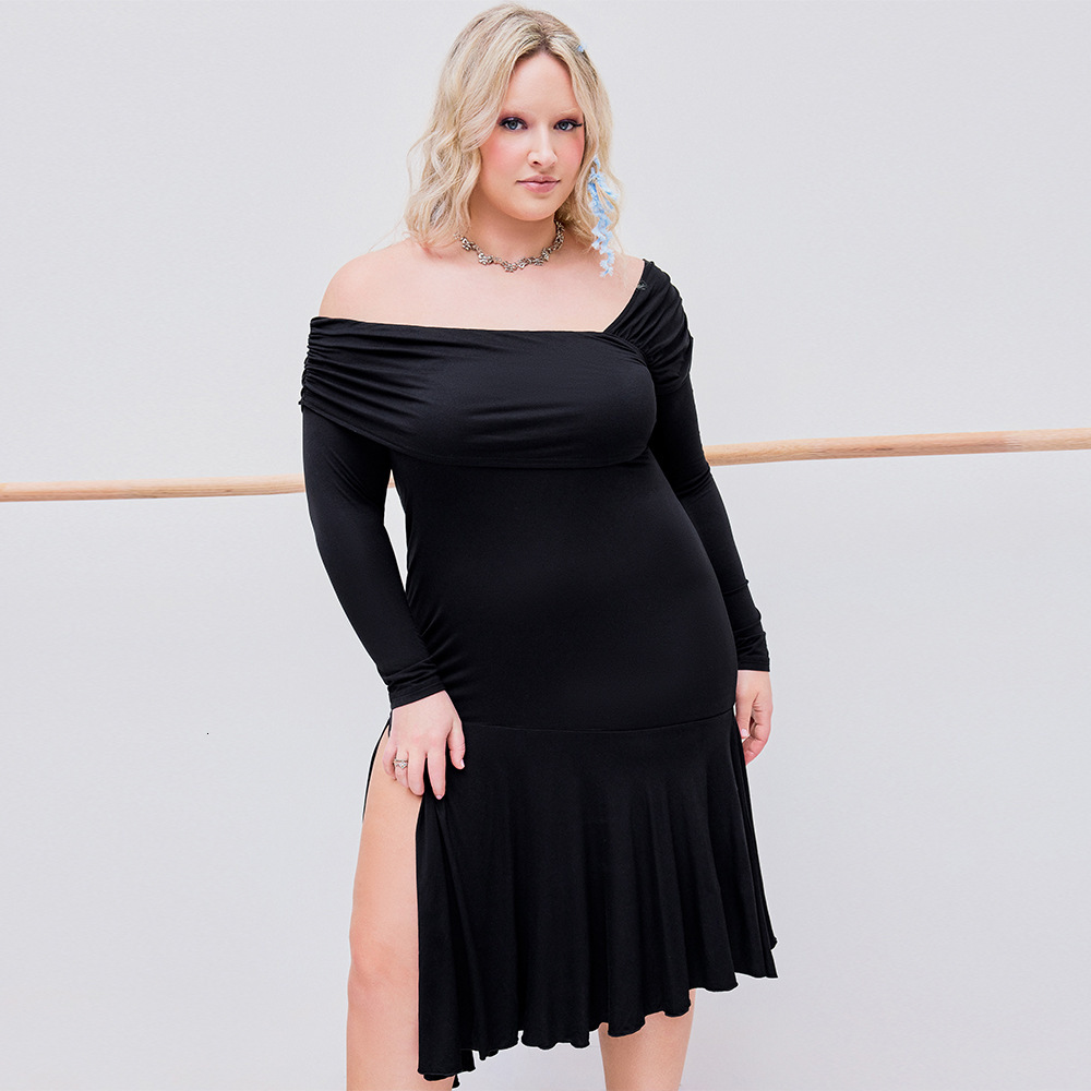 Large Size Womens Dress with a Socialite Style Design Autumn and Winter Slanted Collar Off Shoulder Slit Mid Length Skirt