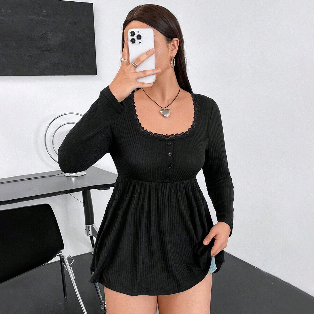 Womens Urban Casual Long Sleeve Knitted Bottom Shirt with Lace u Neck Slim Fit Intellectual and Skinny Appearance