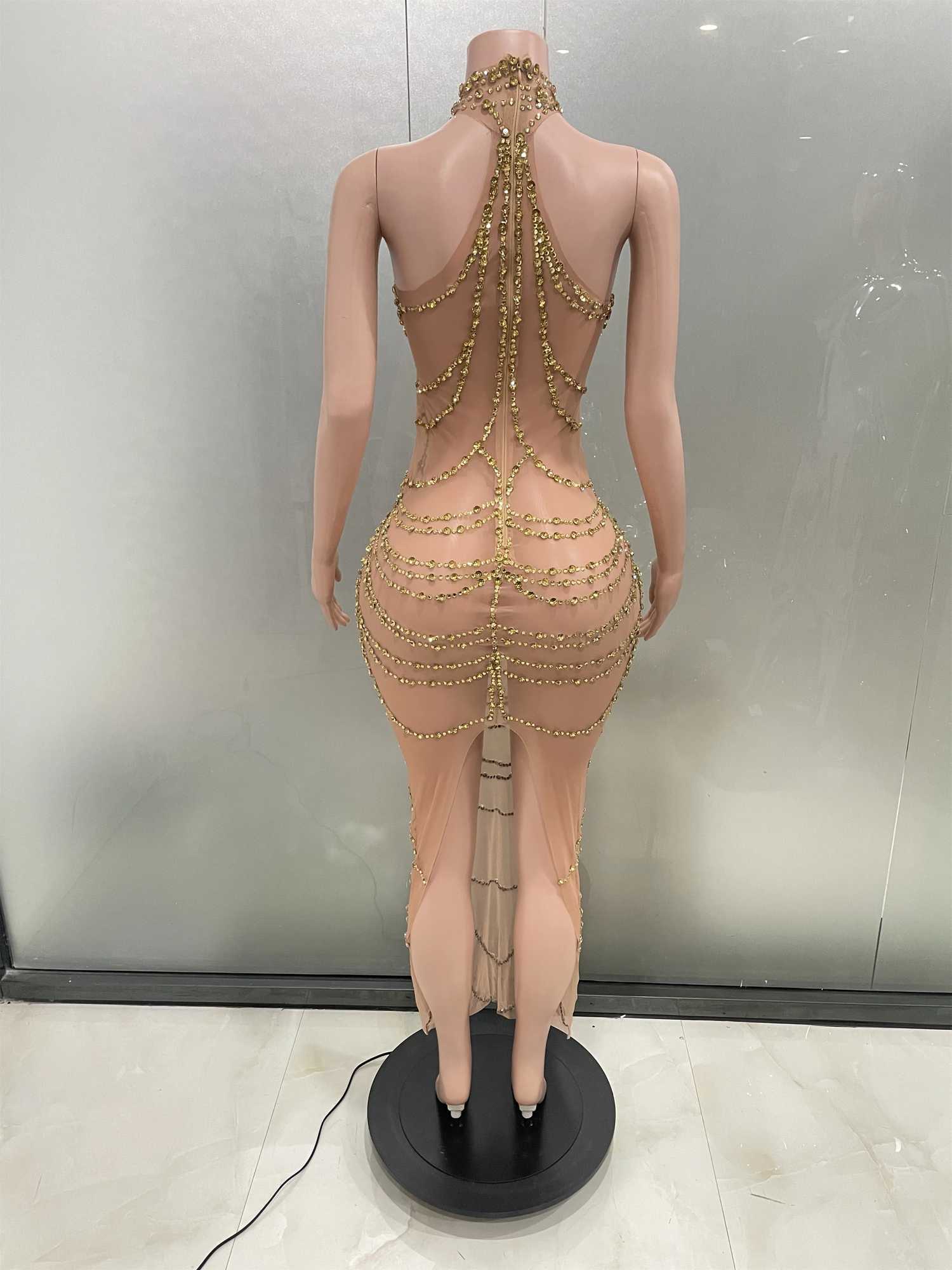 Sexy Luxury Sparkly Gold Rhine Transparent Mesh Long Dress Women Birthday Party Gown Stage Singer Performance Show Come W250516