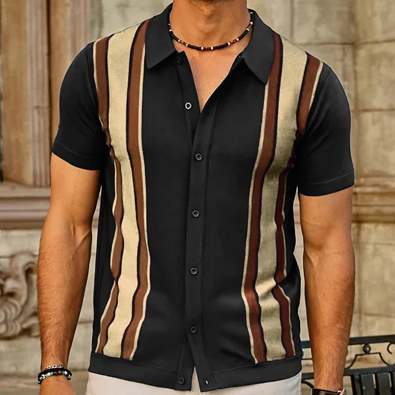 Mens Clothing Knit Short Sleeve Polo Shirt Casual Streetwear Lapel Button Down Cardigan Breathable Tops Summer Knitwear 250515
